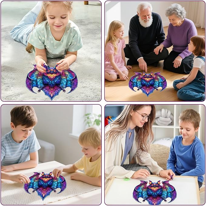 MEATRN Wooden Puzzles for Adults - Stained Glass Bat Wood Puzzles Adult, Unique Irregular Shape Animal Puzzle, Relaxing Family Game, Festival Decorative Gift for Kids, 198 Pcs, 11.4x11.1 in