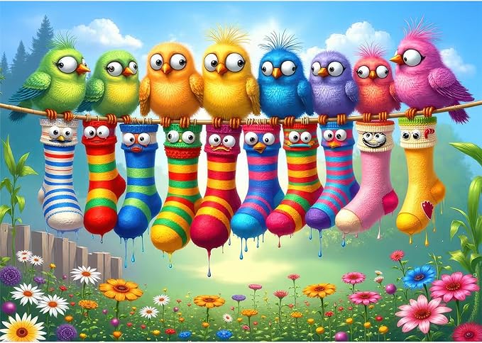 Funny Birds Puzzles for Adults 1000 Pieces, Cute Colorful Cartoon Bird on Clothesline & Socks Art Puzzle with Letters on Back, 28x20 Challenging Wall Decor, Family Game, Easter