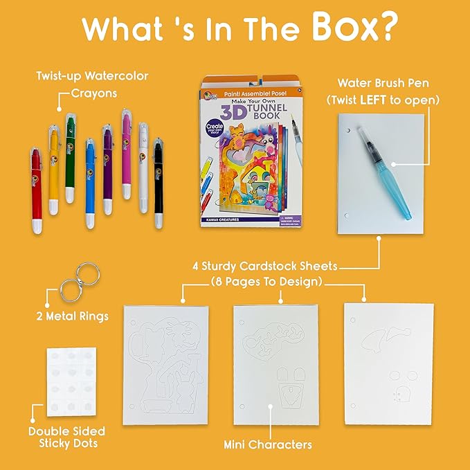 EyeConnect Crafts Make Your OWN 3D Tunnel Book - Kawaii | Medium Size DIY Book Art & Craft Kit | Build, Paint & Draw Your Own Book with Mini Animals | Award-Winning STEAM Stationary Set | Ages 3+