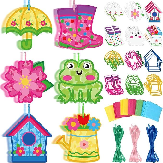 Feifeiya 24 Sets Spring Craft Kits Spring Suncatcher Crafts Flower Umbrella Rain Boot Tissue Paper Kit DIY Colorful Hanging Ornament for Springtime April Easter Window Art Activity Party Favors(Rainy)