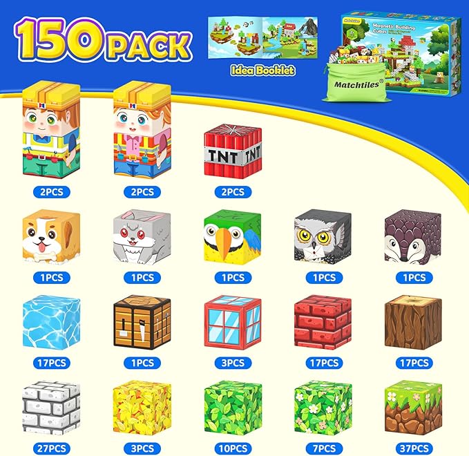 Magnetic Blocks with Animals, Magnetic Building Blocks Magnet Cube Toys Stacking, Build Forest World Set, STEM Montessori Sensory Toys for Gifts (150 Forest Animals)