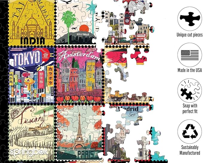 Springbok Stamps of The World 1000 Piece Jigsaw Puzzle for Adults - Travel Collage - Unique Cut Pieces - Made in USA