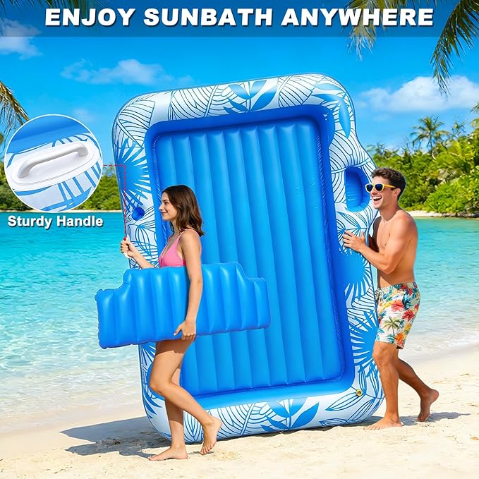 83" X 60" Inflatable Tanning Pool Lounger Float with Sprinkler, Extra Large Pool Float Adults with Pillow, 6 in 1 Suntan Tub Raft Floatie Toys with Drink Holder Sunbathing Water Filled Tanning Bed
