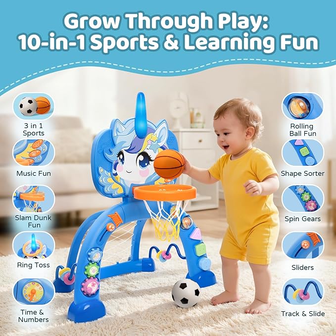 Basketball Hoop & Soccer Goal for Toddlers – 3-in-1 Sports Play Set with Ring Toss | Indoor Outdoor Activity Toy for 1 2 3 Year Old Boys | Birthday for Active Play (Blue)