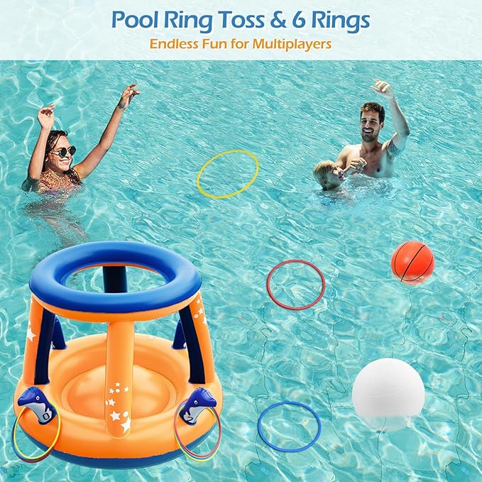 Jasonwell Pool Toys Games Set - 3 in 1 Pool Volleyball Net Basketball Hoop Ring Toss Game Inflatable Floats Water Floating Volleyball Swimming Pools Games Party Gift for Kids Adults (Orange&Blue, L)