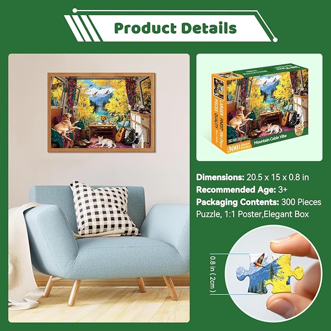 300 Piece Puzzles for Adults Large Piece, Fall Van Dog Cats Birds Nature Jigsaw Puzzle, Funny Gift for Adult Kids, Challenging Puzzle Perfect for Game Nights, 20.5 X 15 in
