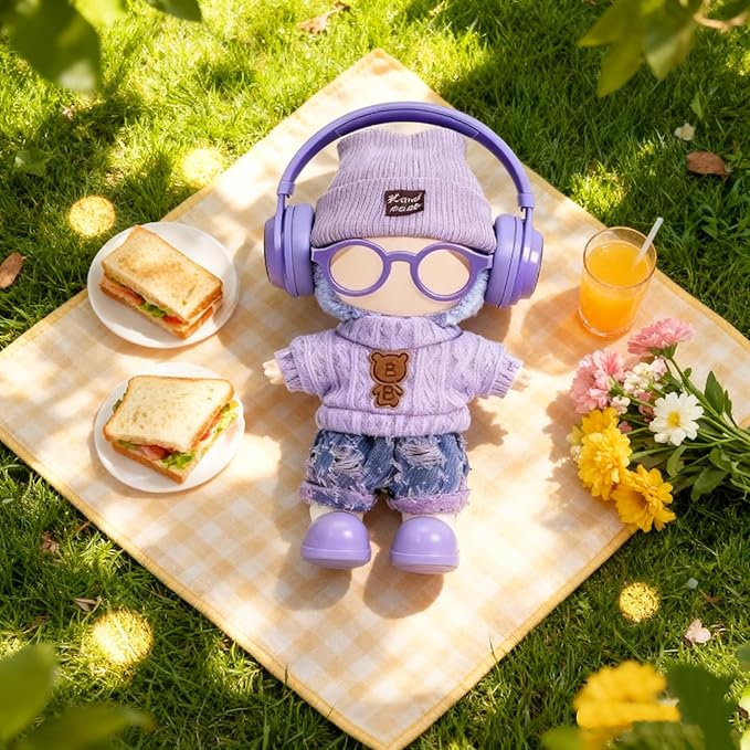 Clothes for LABUBU 17cm Doll (NO Doll) – 6-Piece Set, Hat + Sweaters + Skirt + Headphones + Glasses + Shoes, Cute and Premium Dolls Outfit Accessories (Purple Sweaters Suit)