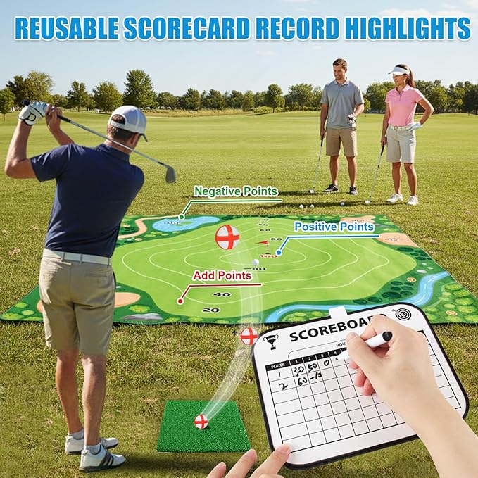 ASTRAEA Golf Chipping Game, Golf Battle Game with Hitting Mat for Kids Adults Indoor and Outdoor, 60" x 60" Double Sided Practice Mat with 2 Clubs & 20 Sticky Balls for Backyard