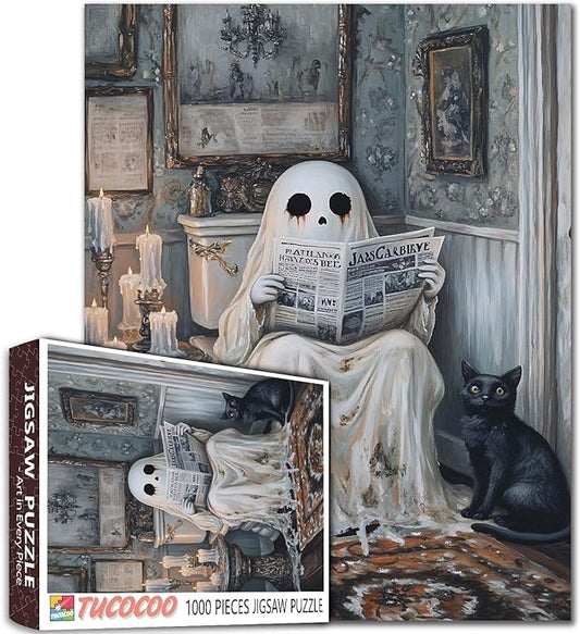 1000 Pieces Halloween Ghost Jigsaw Puzzle for Adults,Black Cat Candle Little Ghost DIY Craft Puzzles for Home Decoration Gifts, Unique Home Decor Gifts Entertainment Toys 19.7 x 27.6 Inch