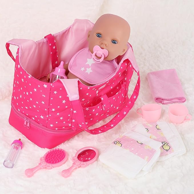 ECORELF Baby Doll Accessorie, 13 Pcs Doll Stuff Acessories Storage Diaper Bag Set for 14-18 Inch Dolls, Feeding and Caring Set Includes Diaper, Bottle etc Suitable Pretend Play