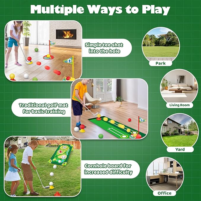 Letapapa Toddler Golf Set, Golf Clubs Length Adjustable with Mat & Golf Cornhole, Upgraded Kids Golf Clubs with 8 Balls, Indoor & Outdoor Sports Toys Birthday Gifts for 3 4 5 6 Years Old Boys Girls