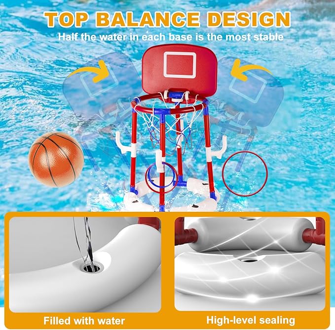 Taotuo Red Floating Pool Basketball Hoop with Backboard, 2-in-1 Basketball & Ring Toss Game with 4 Balls, 6 Rings&Pump, Summer Pool Toys Outdoor Water Fun Family Party for Age 3-12