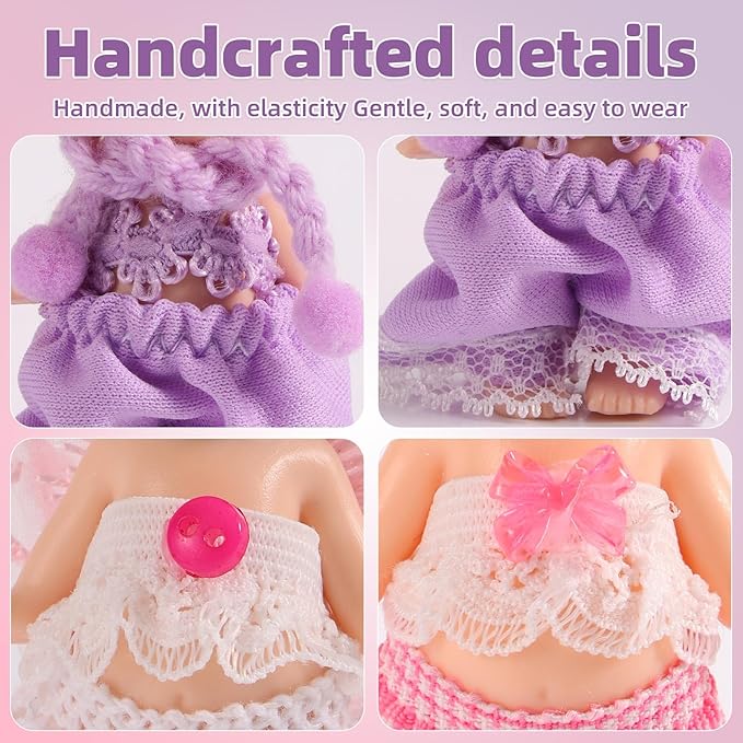 10 Sets 3in/7.5-8cm Doll Clothes Outfits, Including Tiny Tops Skirts Pants Hats Scarfs Wings Small Doll Fashion Accessories Mini Baby Costume for Display & Decoration (Pink, Purple)