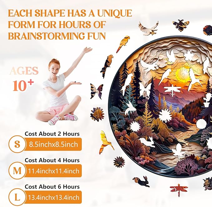 Wooden Puzzles for Adults, 3D Vision Effect-3D Sunset Forest Wood Puzzles Adult, Unique Shaped Wooden Jigsaw Puzzle, Birthday Gifts for Friends/Family/Puzzle Lovers, Home Decor(L-13.4 * 13.4in 300pcs)