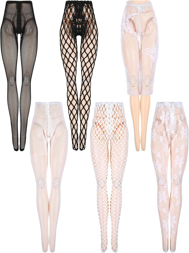 6 Pieces Doll Tights 12 Inch Handmade Doll Lace Stockings Female Long Sock Legging Casual Accessories for DIY Gifts(Large Hole Style)