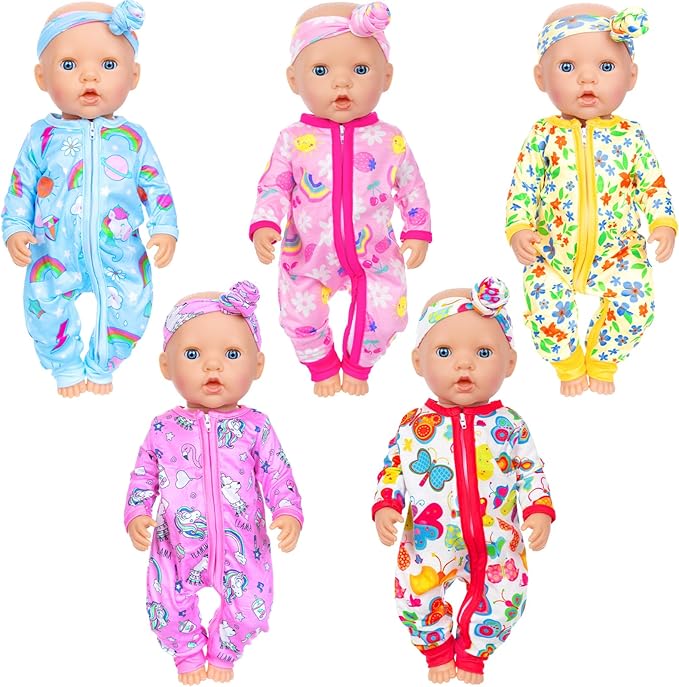 ZITA ELEMENT 5 Sets 14-18 Inch Baby Doll Clothes Outfits Casual Wear with Accessories - 10 Pcs Including Rainbow, Strawberry, Floral, Flamingo, and Butterfly Designs for 14-18 Inch Dolls