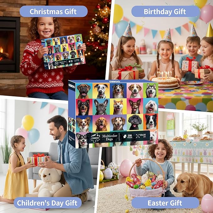 Dog Puzzles for Kids Ages 6-8 8-10, 200 Pieces Jigsaw Puzzle for Kids and Adults, Multicolor Puppy Theme Puzzles for Children, Christmas Collection Gift