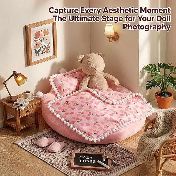 Labubu Bed, Pink Strawberry Miniature Pillow Blanket Set, Doll 10-17cm Furniture, Compatible Boo-Boo Accessory, Collectors Display Decor, Shelf Photography Props Hobby Gift
