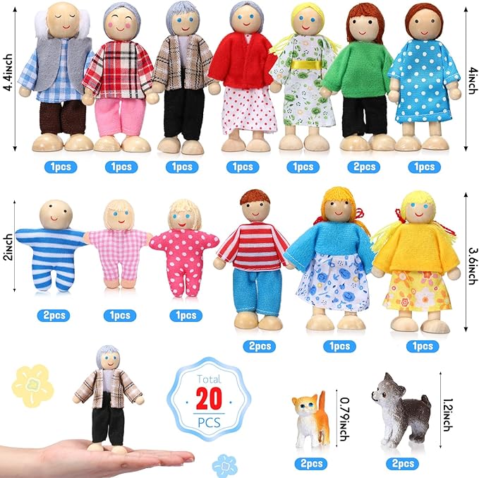 Skylety 20 Pcs Wooden Dollhouse Family Set of 16 Mini People Figures and 4 Pets, Wooden Dollhouse Dolls Cosplay Family Figures Accessories for Pretend Toy(Vivid Style)