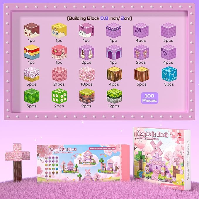 100PCS Magnetic Blocks, Magnetic Building Blocks for Kids Age 4-8, Pink Princess Castle Toys for Girls, STEM Sensory Birthday Gift for Kids Age 3+ Years Old