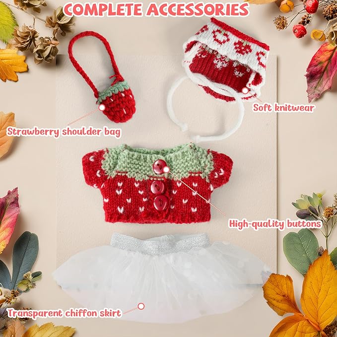 17cm Doll Clothes Set-Handcrafted Crochet Outfit Accessories for 5.91-6.7inch Dolls-Hand Crocheted Hat+Strawberry Sweater+White Dress+Bag(NO Doll)