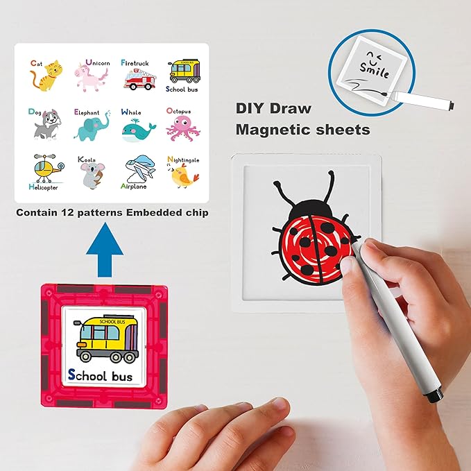 PicassoTiles 100PC Magnetic Tiles Construction Building with Carrying Case Included Block Set with Car, 8 Sets of Characters and Base Whiteboard Marker Playset Toy Kit for Boys & Girls Ages 3+ PB01