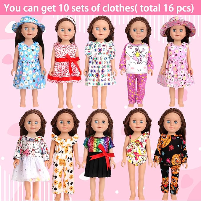10 Sets of 18 Inch American Doll Clothes, Including 10 of Doll Clothing Dress Outfits for Gift Dolls, Birthday Gifts for Kids