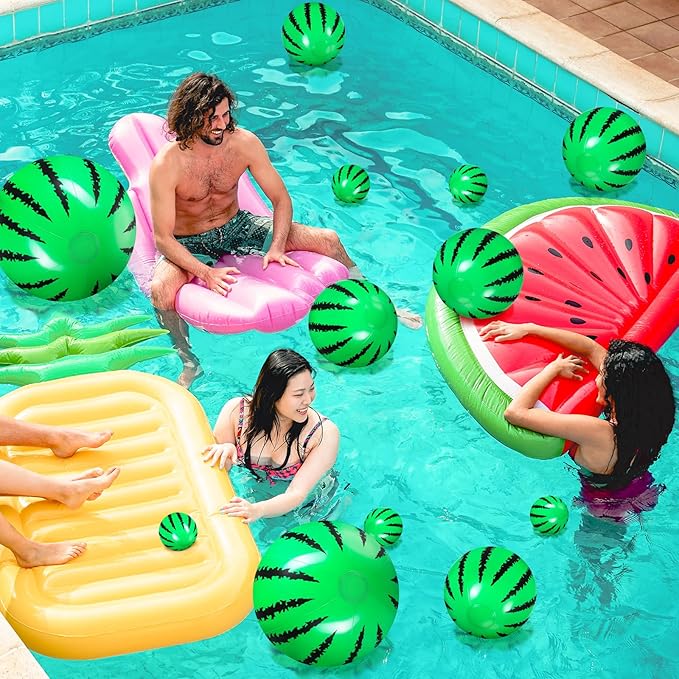 Sratte 20 Pcs Inflatable Beach Balls Bulk, Multiple Sizes Summer Swimming Pool Balls for Adults Hawaii Luau Party Supplies(Black, Green,Watermelon)