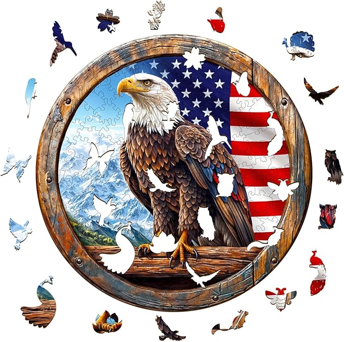 KAAYEE Wooden Puzzles for Adults, 3D Vision Effect Bald Eagle Wooden Jigsaw Puzzle Unique Shape Wood Puzzle Adult, Flat Puzzle Birthday Fathers Family Game (M-11.4 * 11.4in-200pcs)
