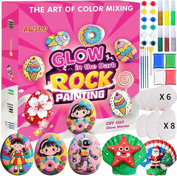 Awsoo Shell & Rock Painting Kit- Girl Style Glow in The Dark Arts and Crafts for Kids Ages 8 9 10 11 12, Art Supplies Craft Paint Kits, Birthday Party Gift Toy for Girl