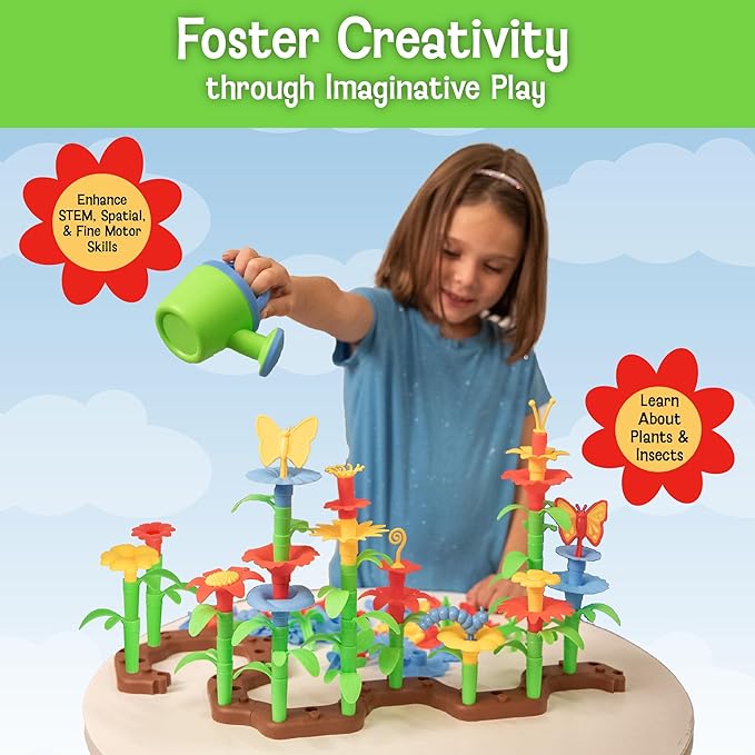 MindWare Flower Building Toy Set for 3 4 5 6 7 Year Old Girls and Boys, Preschool and Kindergarten STEM Educational Building Toys for Kids Ages 4-8, Flower Garden Building Toy with Storage Case