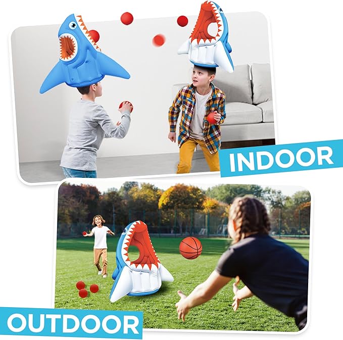 iPlay, iLearn Kids Shark Pool Toy, 3-in-1 Inflatable Pool Game Basketball Football Hoop Balls Toss Game, Toddler Floating Water Toy, Outdoor Yard Beach Summer Party Gift 3 4 5 6 7 8 Year Old Boy Girl
