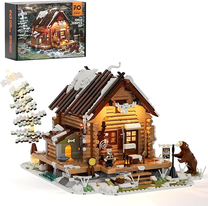 FUNWHOLE Hunting-Cabin Lighting Building-Bricks Set - Retro Wooden Cabin LED Light Construction Building Model Set 2036 Pcs for Adults and Teen