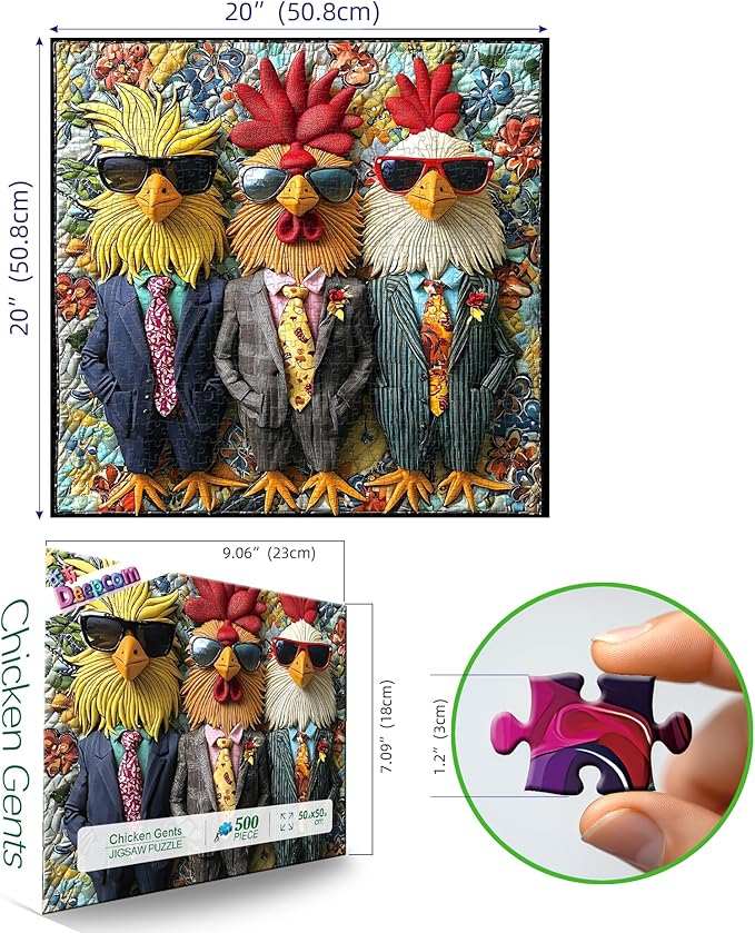 Chicken Puzzles for Adults 500 Piece, Cool Chickens in Sunglasses and Suits Theme, 500 Piece Challenge Puzzle Funny Rooster Puzzle for Solo and Family Entertainment Home Decor, 20x20 in
