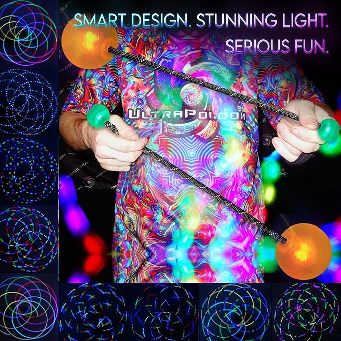 OrbPoi Pro Set - Orb Poi Pro w/LED UltraKnob Pro Handles - USB Rechargeable Contact LED Poi Balls w/40+ Color Modes & Patterns - LED Poi Spinning Balls w/Soft Durable Cases - Flow Arts Toy, UltraPoi