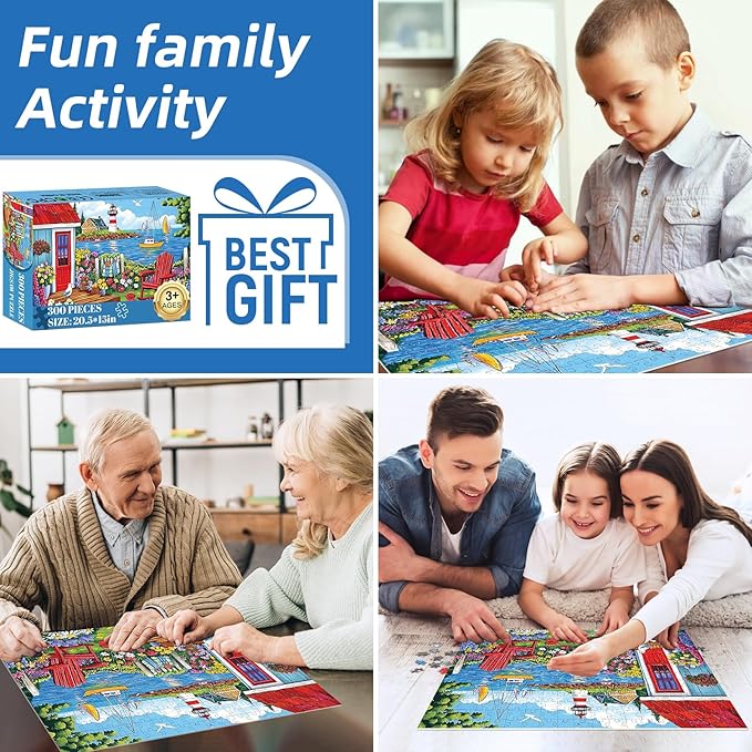 300 Pieces Puzzles for Adults,Seaside Garden House 300 Pieces Large Puzzle for Adults Seniors,Coastal Lighthouse Jigsaw Puzzle for Kids Ages 8-10,Challenging Family Games, 20.5 x 15 in
