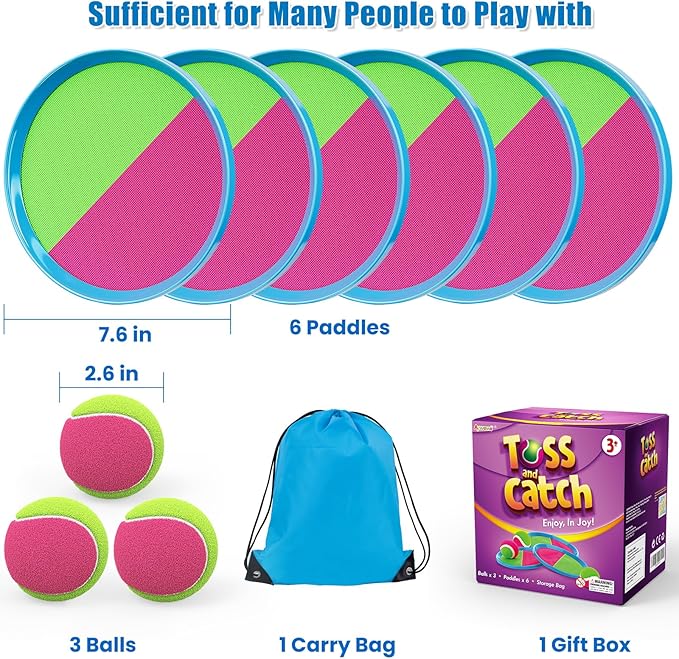 Aywewii Toss and Catch Ball Set Game Kids Outdoor Toys for Beach Pool Yard, Birthday Gift for Boy Girl Ages 3 4 5 6 7 8-12 Year Old, Outside Family Party Camping Games, 6 Paddles 3 Balls & Carry Bag