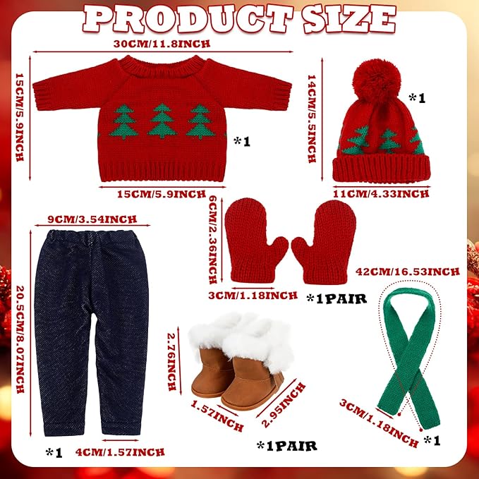 Bencailor 6 Pcs 18 Inch Christmas Doll Clothes and Accessories Winter Outfits Set Sweaters Trousers Hats Shoes Gloves for 18 Inch Doll Gifts(Red Green)