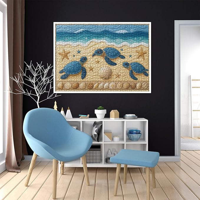 Sea Turtle Beach Puzzle for Adults 1000 Pieces, Quilt Sewing Art Jigsaw Puzzle, Ocean Seashell Starfish Puzzle