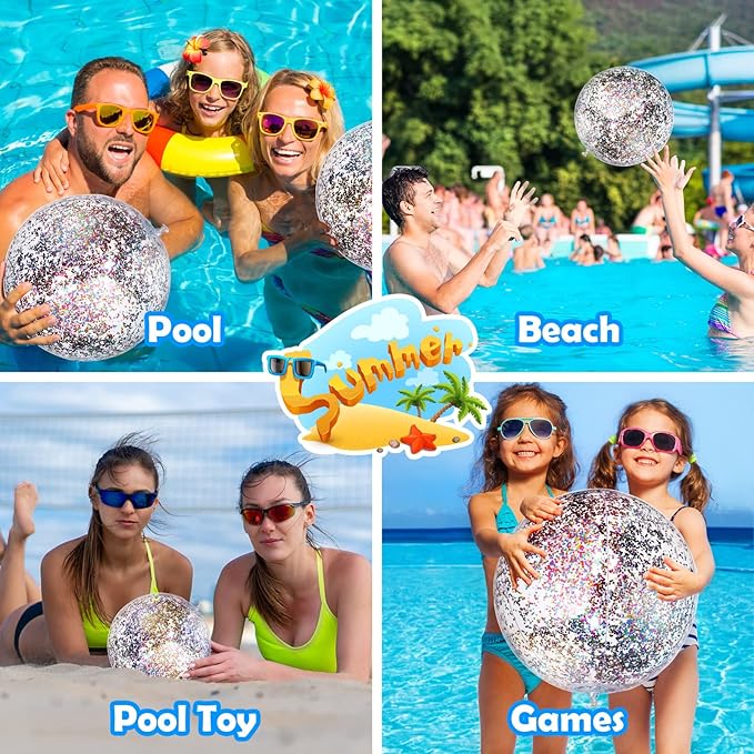 Lewtemi 12 Pcs Inflatable Glitter Beach Balls 16 Inch 24 Inch Shiny Giant Confetti Balls Swimming Pool Beach Blow up Balloon for Outdoor Summer Party Wedding Decor(Multicolored)