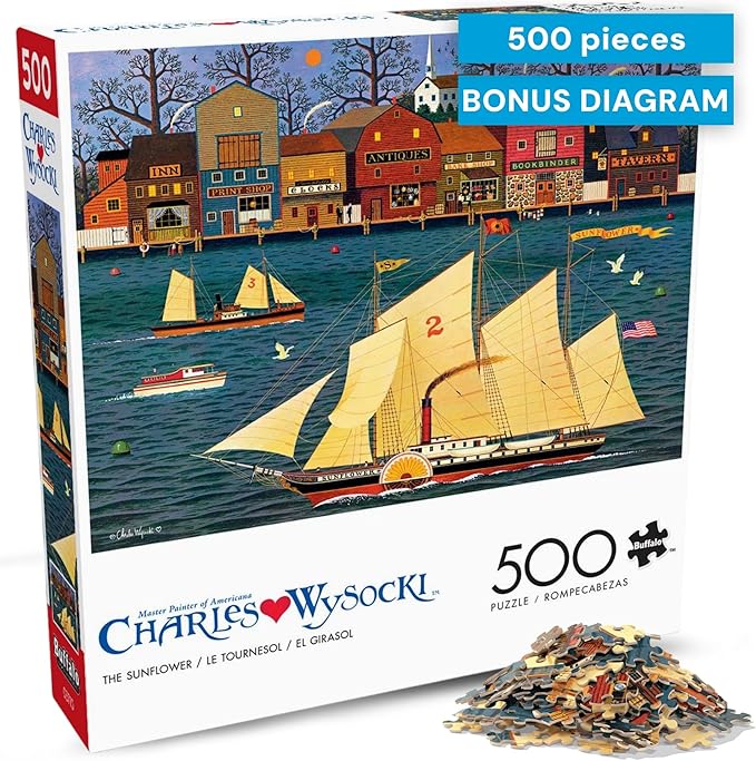Buffalo Games Charles Wysocki The Sunflower 500 Piece Jigsaw Puzzle for Adults – Classic Nautical Harbor Scene with Large Reference Poster