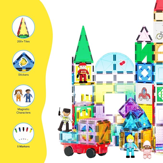 PicassoTiles Mega Magnetic Building Block 350 Piece Set Magnet Tile Construction Blocks with Car Base, Character Figures, Markers, Whiteboard, 110+ Page Ideabook Included for Ages 3 Up STEM Learning
