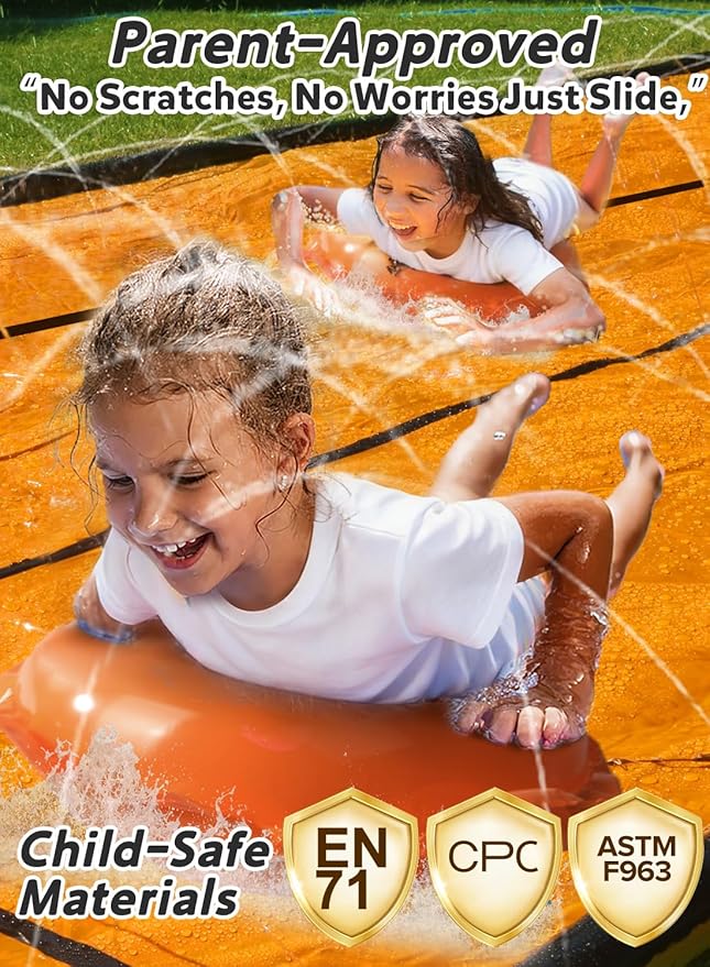 Spring Water Slip and Water Slide for Kids Backyard, 17ft*3 Racing Lanes Slip Water Slides with Sprinkler for Age 5-8 8-12, Summer Outdoor Water Toy with 3 Inflatable Bodyboards