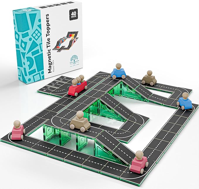 Learn & Grow Magnetic Tiles Road Expansion Pack - 40PCs Road Toppers Set for Cars, STEM Learning & Building Toy - Magnetic Tile Accessories for Kids 3+, Toddler - Add Car Roads to Any Magnet Tiles Set
