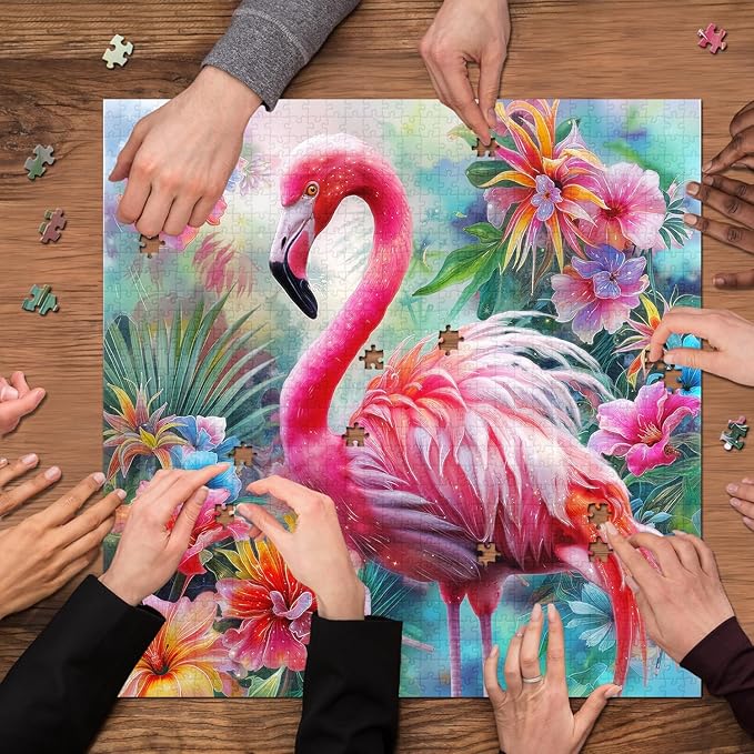 PICKFORU Pink Flamingo Puzzles for Adults 1000 Pieces, Colorful Flower Spring Garden Puzzle, Plant Animal Jigsaw Puzzles