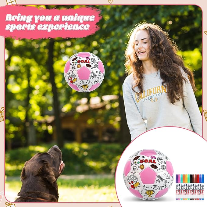 Size 4 Color Your Own Soccer Ball Pink DIY Custom Craft Kit with Pump 12 Markers Personalized Youth Toddler Training Paint Your Own Toy Creative Gift for Kids (Pink Soccer Ball, 4)
