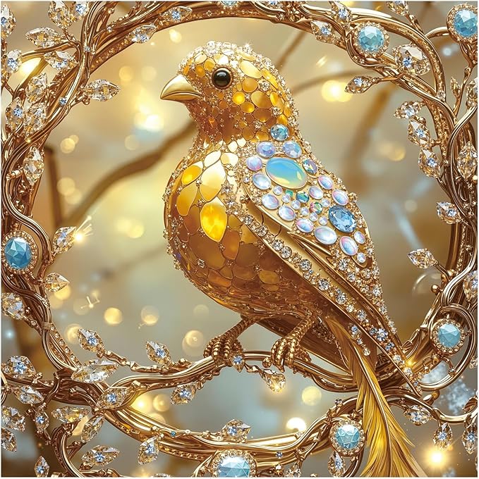 Bird Gem Jewel Puzzle 1000 Pieces for Adults, Canary Diamond Tree Colorful Jigsaw Puzzle, Golden Vintage Animal Art Puzzles