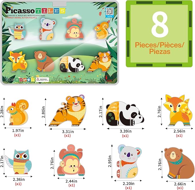PicassoTiles Magnet Tile Building Blocks 8 Magnets Forest Animal Action Figures Compatible Magnetic Accessory Tiles Construction Toy Set STEM Educational Learning Toddler Girls Boys Ages 3+ PTA26