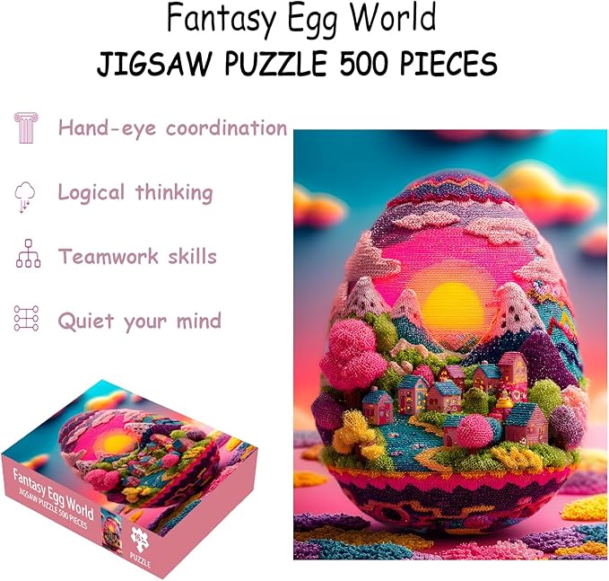 Puzzles for Adults 500 Pieces, Egg Jigsaw Puzzles - Fantasy Egg World, Impossible Colorful Country Decor Egg Puzzle for Seniors Families, 20.47x14.96 Inches, 1:1 Poster, Letter On The Back