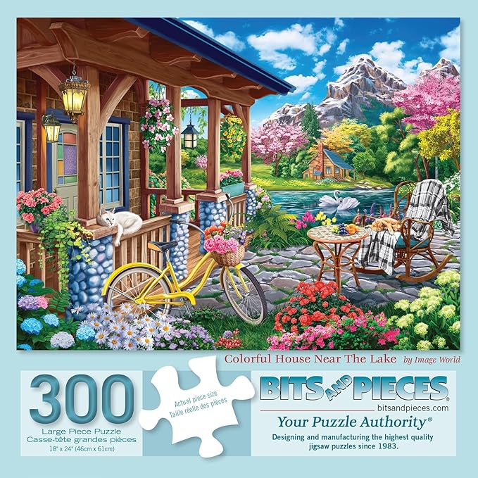 Bits and Pieces Jigsaw Puzzle for Adults – Colorful House Near The Lake by Image World — Scenic Lakeside Porch with Bicycle, Flowers, Cabin & Mountain Landscape